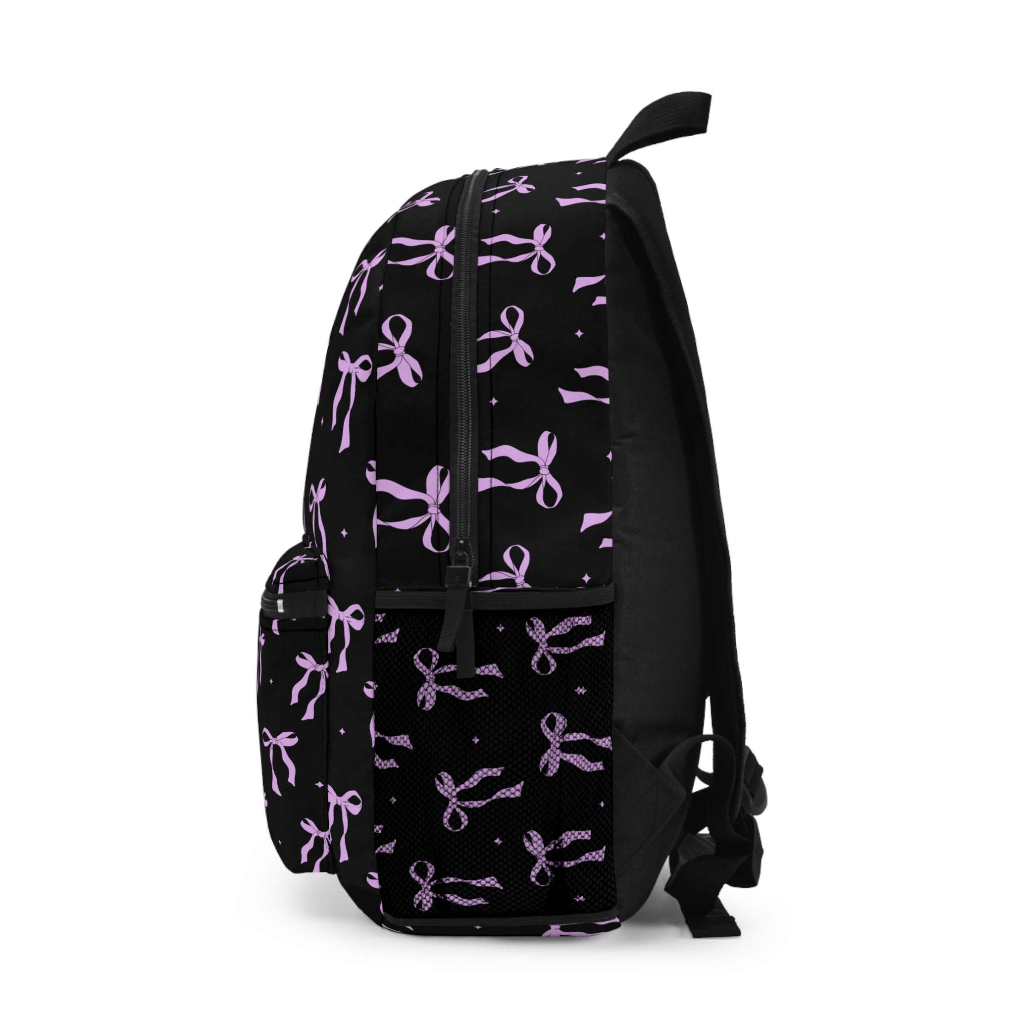 Black Backpack with Lavender Bow Pattern — Cute Cute Bow Print School Bag - Image 3