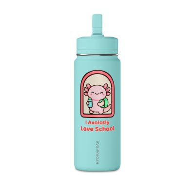 Axolotl Love School Mini Water Bottle — 20oz Pink Kids Stainless Straw Bottle