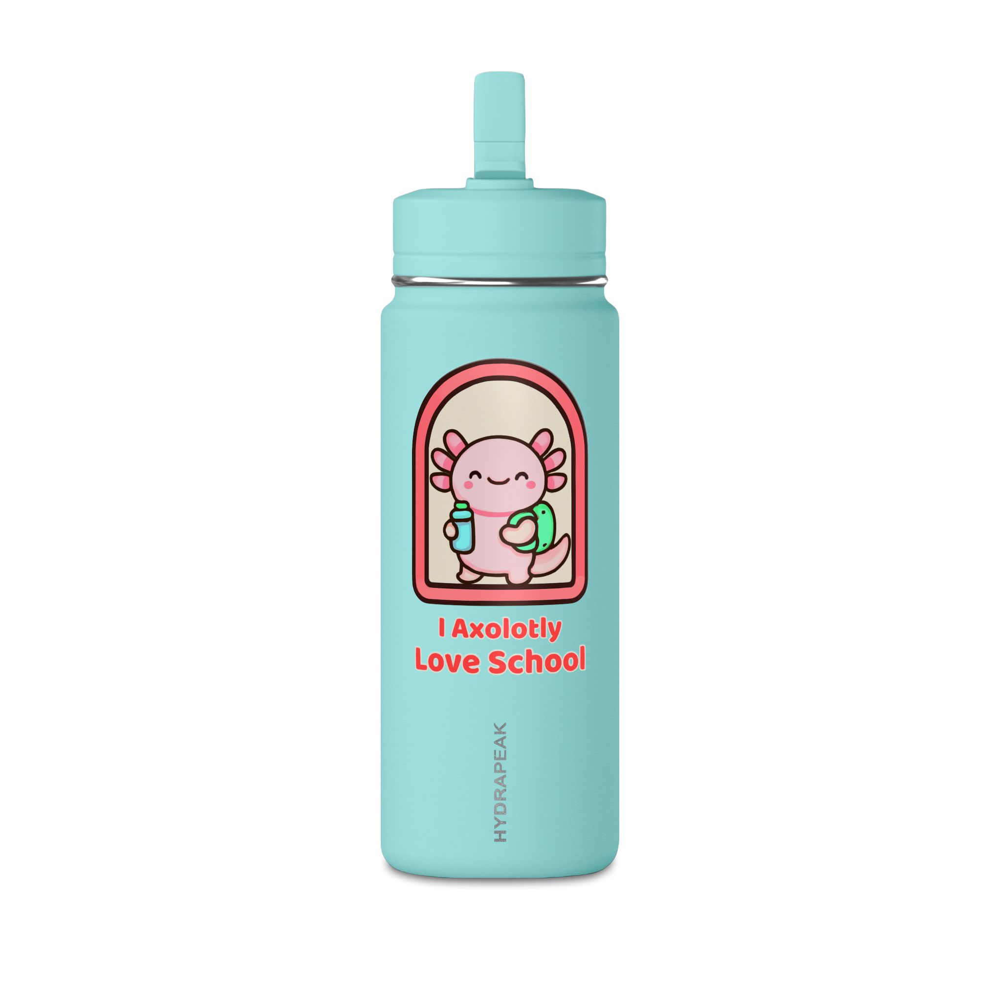 Axolotl Love School Mini Water Bottle — 20oz Pink Kids Stainless Straw Bottle
