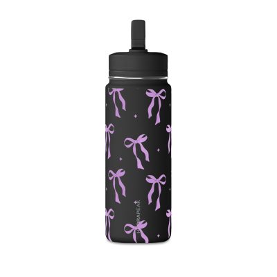 20oz Water Bottle — Black Bottle with Pink Bow Pattern, Cute Floral Gift for Teens & Women