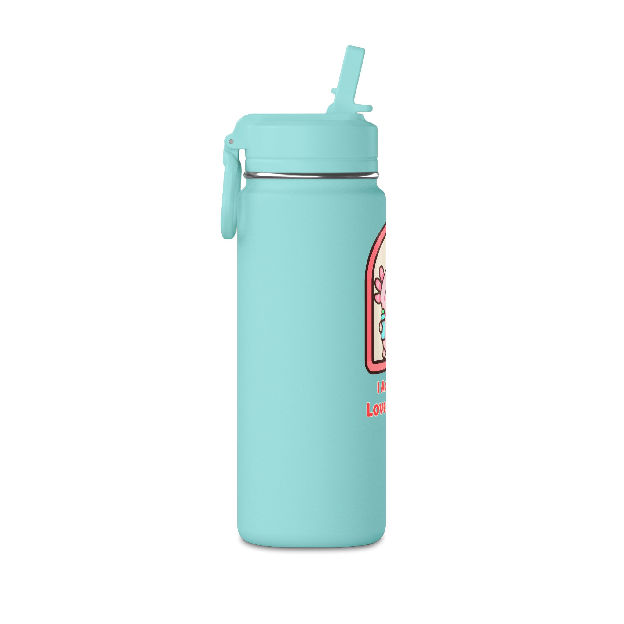 Axolotl Love School Mini Water Bottle — 20oz Pink Kids Stainless Straw Bottle - Image 2