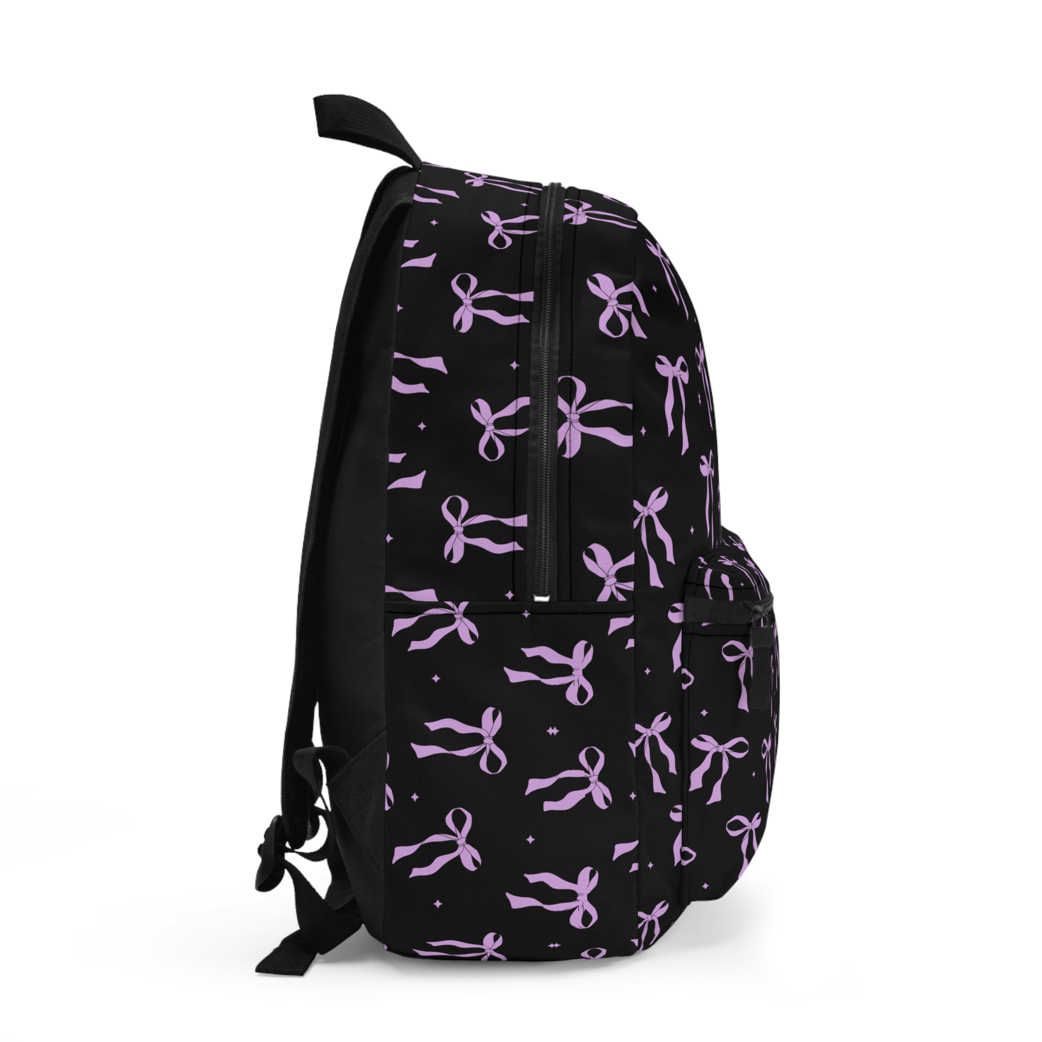 Black Backpack with Lavender Bow Pattern — Cute Cute Bow Print School Bag - Image 2