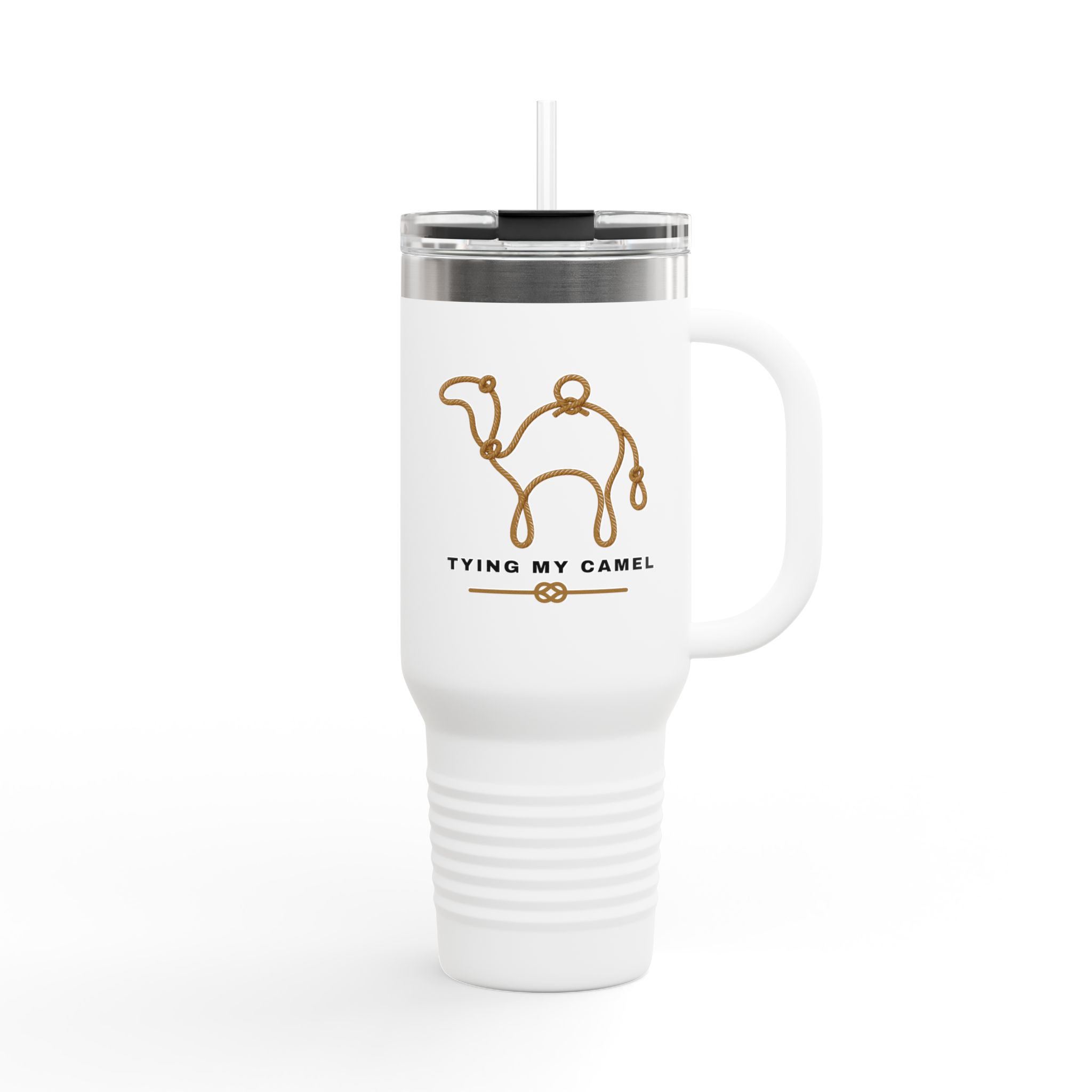 40oz Insulated Travel Mug — Minimalist Camel Logo “Tying My Camel” Thermal Tumbler