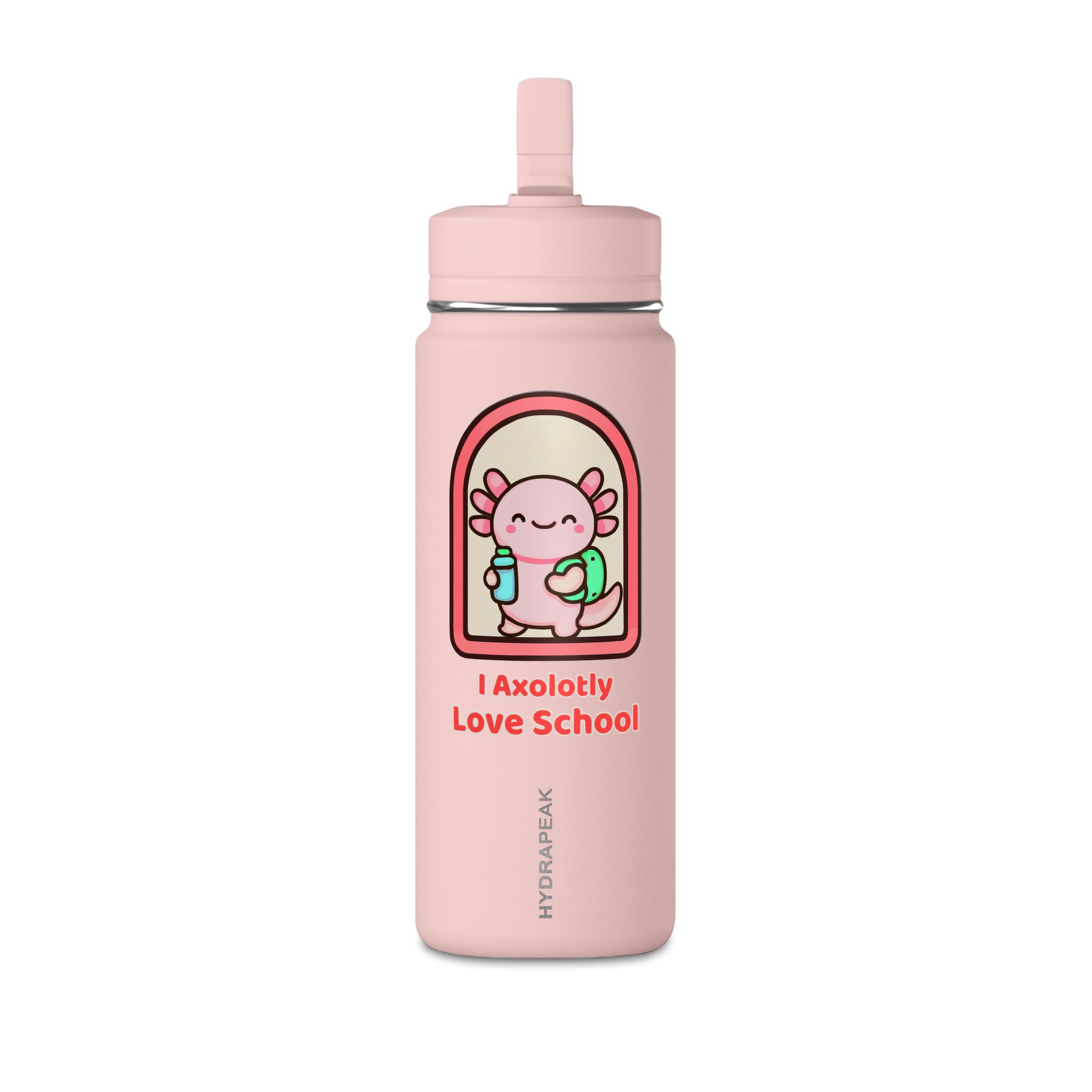 Axolotl Love School Mini Water Bottle — 20oz Pink Kids Stainless Straw Bottle - Image 5