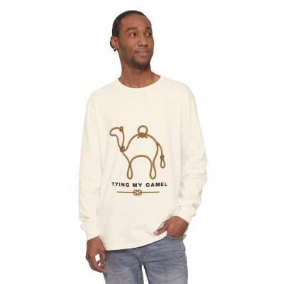 Tying My Camel Long Sleeve Tee — Minimal Camel Line Art Shirt