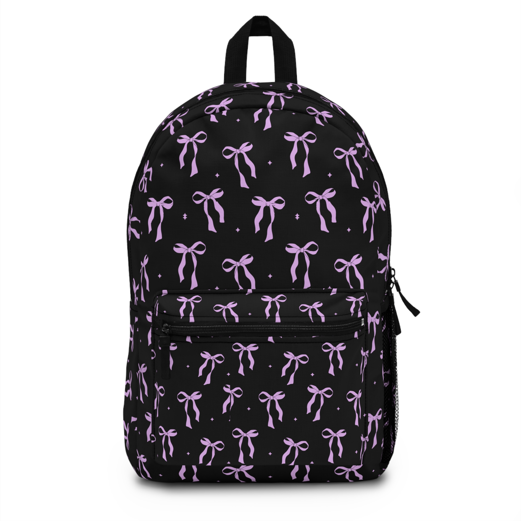 Black Backpack with Lavender Bow Pattern — Cute Cute Bow Print School Bag