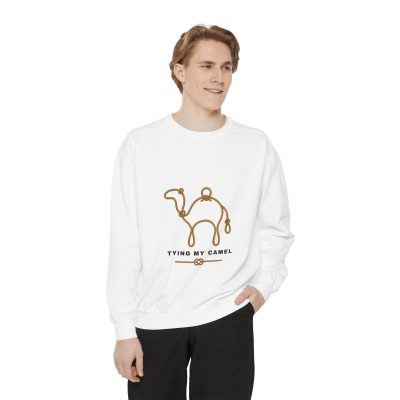 Tying My Camel Sweatshirt — Minimal Camel Outline Graphic Sweatshirt